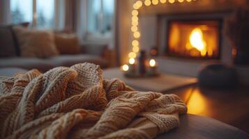 AI generated Cozy Living Room With Couch and Fireplace photo