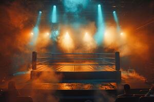 AI generated An empty boxing ring with dramatic spotlight illumination and smoke photo