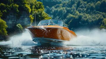 ai generado pequeño barco exceso de velocidad mediante agua foto