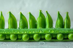 AI generated Fresh green peas in a pod arranged neatly in a row, with water droplets on a white rustic background photo