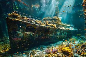 AI generated An underwater scene with a sunken ship covered in coral and marine life, illuminated by a diver's light photo