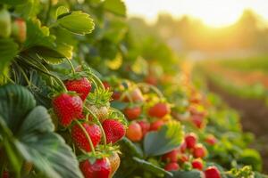 ai generado lozano fresa plantas Llevando maduro Fruta durante un sereno atardecer, capturar el belleza de sostenible agricultura foto
