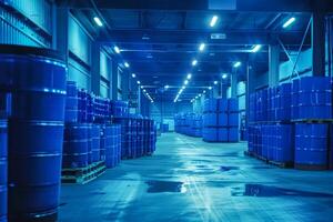 AI generated Inside a spacious distribution center with multiple blue industrial drums on pallets, the scene bathed in the blue tint of the ambient warehouse light. photo