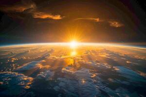 ai generado el la tierra atmósfera con un radiante amanecer desde exterior espacio foto