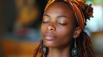 ai generado mujer con rastas y cabeza bufanda foto