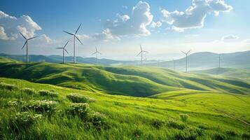 AI generated Green Field With Wind Turbines in the Background photo