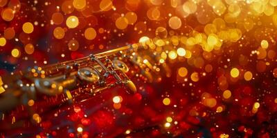 AI generated The shiny end of a wind instrument reflecting a sea of red and golden lights, giving a festive and musical mood photo