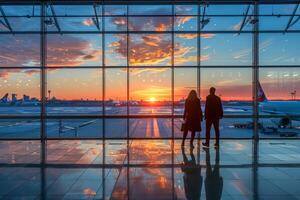 AI generated Two silhouetted individuals walking inside a modern airport terminal with large windows showing planes on the tarmac during sunrise. photo