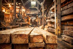 AI generated Inside a timber mill with stacks of lumber ready for processing, bathed in a warm, golden light that highlights the woods texture photo