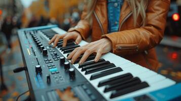 ai generado mujer jugando teclado en ciudad calle foto