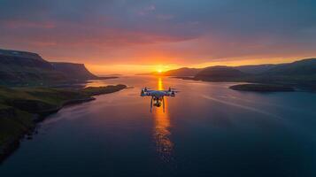 Small Plane Flying Over Large Body of Water photo