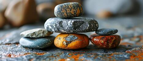 ai generado descubrir interior paz y tranquilidad como usted contemplar el armonioso equilibrar de apilado piedras en un sereno al aire libre ajuste foto