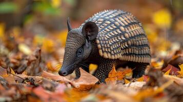 pequeño armadillo caminando mediante pila de hojas foto