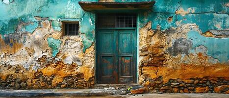 AI generated A wide view of an old wall with peeling green paint and rust stains, capturing the essence of decay and the passage of time photo