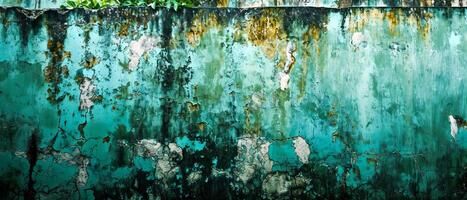 AI generated A wide view of an old wall with peeling green paint and rust stains, capturing the essence of decay and the passage of time photo