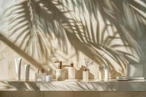 AI generated An artistic display of skincare products on a clean wooden surface, with the gentle play of palm tree shadows casting an elegant pattern photo