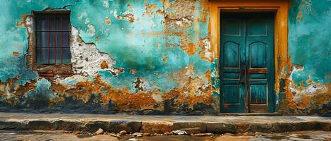 AI generated A wide view of an old wall with peeling green paint and rust stains, capturing the essence of decay and the passage of time photo