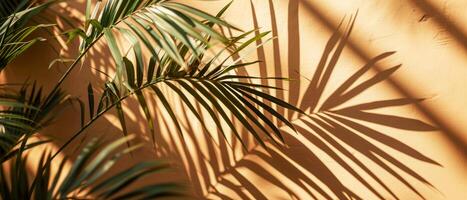 AI generated The interplay of light and shadow from tropical palm leaves creates an artistic pattern on a warm, textured wall photo