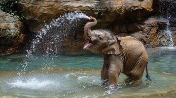 bebé elefante jugando en cuerpo de agua foto