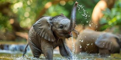 bebé elefante jugando en agua foto