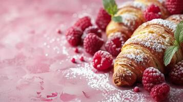 Delicious Raspberry Croissants With Powdered Sugar and Fresh Raspberries photo