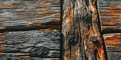 AI generated Vivid textures of worn wooden planks featuring knots, grain patterns, and rustic charm photo