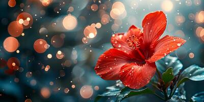 ai generado un vibrante rojo hibisco flor, brillante con agua gotas, toma centrar etapa en contra un espumoso bokeh fondo foto