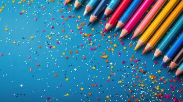 Group of Colored Pencils on Blue Surface photo