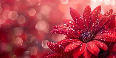 ai generado gotas de lluvia adherirse a el carmesí pétalos de un sorprendentes flor, cada gotita reflejando el mundo en miniatura en contra un suave, rojo lona foto