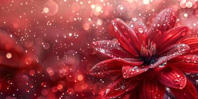 AI generated A luxurious ruby red dahlia, crowned with glistening dewdrops, is set against a vibrant, sparkling red bokeh background photo