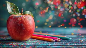 Red Apple and Two Colored Pencils photo