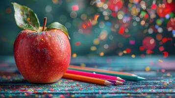 Red Apple and Two Colored Pencils photo