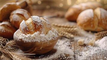 Table Topped With Bread and Rolls Covered in Powdered Sugar photo