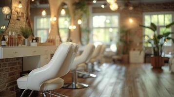 Modern Hair Salon With Chairs Against Brick Wall photo