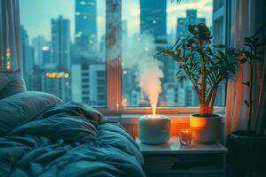 AI generated Evening descends on a peaceful bedroom, highlighted by a glowing humidifier and the gentle ambiance of city lights photo