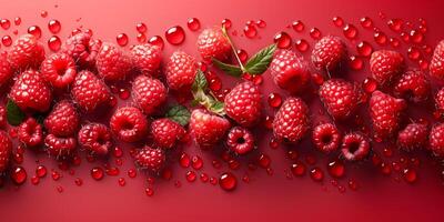 AI generated Composition of bright red raspberries with a soft red background for a sweet design photo