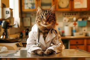 ai generado linda y grave felino vistiendo un del doctor blanco Saco y estetoscopio sentado en un examen mesa en un mascota clínica examen habitación foto