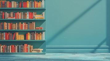 Bookshelf Filled With Books Next to Blue Wall photo