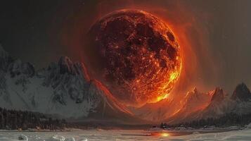 Large Orange Ball of Fire Rising From Mountain photo