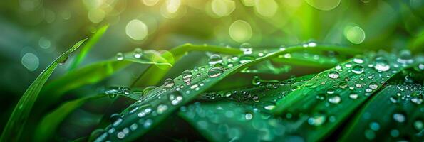 AI generated Close-up of vibrant green grass blades covered in sparkling dewdrops, with a bokeh effect highlighting the morning freshness photo