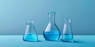 AI generated Three laboratory glass flasks with blue liquids, neatly arranged on a blue surface with a minimalist scientific setup photo