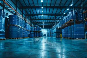 AI generated Inside a spacious distribution center with multiple blue industrial drums on pallets, the scene bathed in the blue tint of the ambient warehouse light. photo