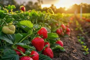 ai generado lozano fresa plantas Llevando maduro Fruta durante un sereno atardecer, capturar el belleza de sostenible agricultura foto