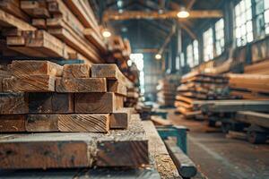 AI generated Interior of a timber mill with piles of cut wood planks, highlighting the detailed wood textures in the foreground and stacks of lumber receding into the soft-focused background photo