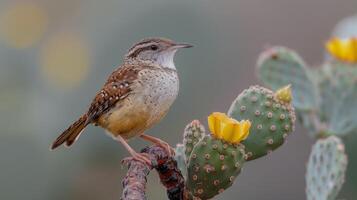 Small Bird Perched on Top of a Cactus photo