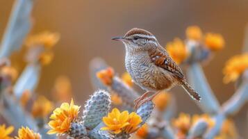 Small Bird Perched on Top of a Cactus photo