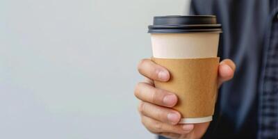 ai generado un personas mano agarre un marrón papel café taza con un negro tapa, simbolizando urbano estilo de vida y Respetuoso del medio ambiente opciones foto