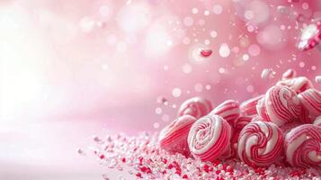 Pile of Pink and White Lollipops on Pink Background photo