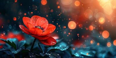 AI generated A vibrant red flower, glistening with fresh dew drops, stands out against a bokeh of twilight glimmers photo