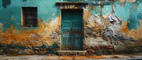 AI generated A wide view of an old wall with peeling green paint and rust stains, capturing the essence of decay and the passage of time photo